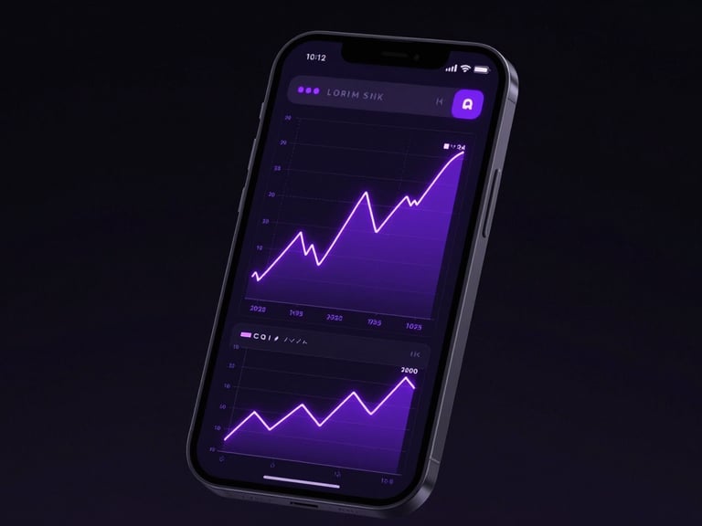 Aplicativo Aura Digital Bank em dark mode com gráficos de desempenho em roxo