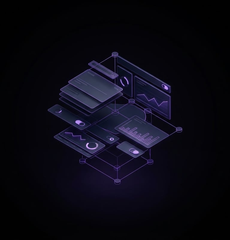 Sistema isométrico de interfaces digitais em roxo, representando a arquitetura de percepção da NØVA LABS