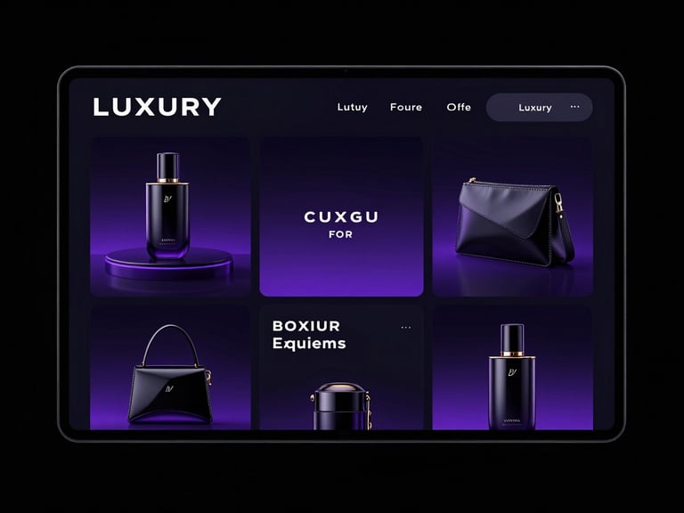 Vitrine e-commerce de luxo em preto e roxo, produtos premium em destaque
