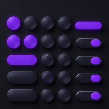Sistema de toggles e controles de interface em roxo e preto