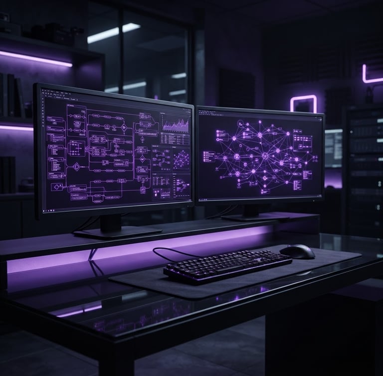 Estação de trabalho dupla com monitores exibindo gráficos de nós em roxo
